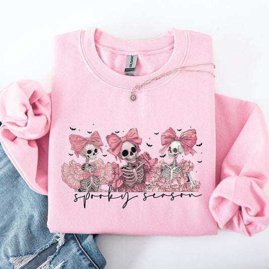 Spooky Season, Pink Skeletons, Cute, Coquette, Ribbon, Bows, Halloween Sweatshirt, Spooky, Witch, Pumpkin, Halloween, Crew Neck, Women's, Crewneck
