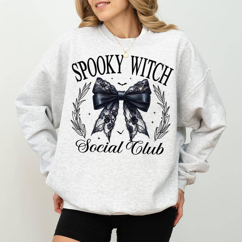 Spooky Witch Social Club Sweatshirt, Halloween Sweatshirt For Girls, Coquette Bow Sweatshirt, Halloween Witchy Sweatshirt, Halloween Crewneck, Comfy Long Sleeve Pullover, Cute Women's Tops, Fall Winter Casual Womenswear, Comfort Cotton Fabric Relaxed Top