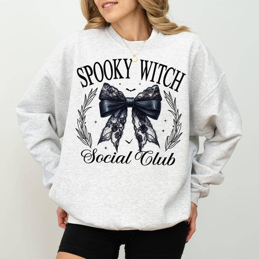 Spooky Witch Social Club Sweatshirt, Halloween Sweatshirt For Girls, Coquette Bow Sweatshirt, Halloween Witchy Sweatshirt, Halloween Crewneck, Comfy Long Sleeve Pullover, Cute Women's Tops, Fall Winter Casual Womenswear, Comfort Cotton Fabric Relaxed Top