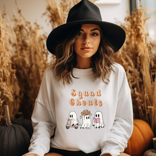 Squad Ghouls Halloween Sweatshirt, Trick Or Treating Sweatshirt, Christmas Sweatshirt, Long Sleeve Crewneck Shirt, Christmas Gifts For Women, Holiday Winter Shirt, Gifts For Secret Santa Christmas Fit Unisex Womenswear Comfortable