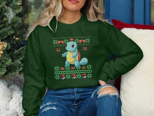 Squirtle christmas sweater, squirtle xmas shirt, pokemon style tee, adult gamer gift,  christmas tee, gamer retro holiday t-shirts