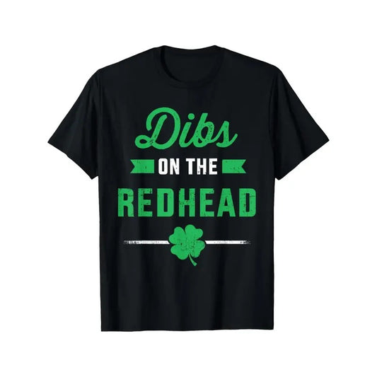 St. Patrick's Day 'Dibs on the Redhead' Funny Cotton T-Shirt – Black Casual Short Sleeve Tee with Shamrock Graphic, Comfortable Street Style for Adults, Street Style Tee | Playful Design | Comfortable Fit made in usa