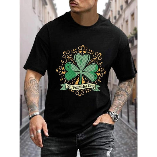 St Patrick's Day Clover Print T Shirt, Tees For Men, Casual Short Sleeve T-shirt For Summer Made in USA