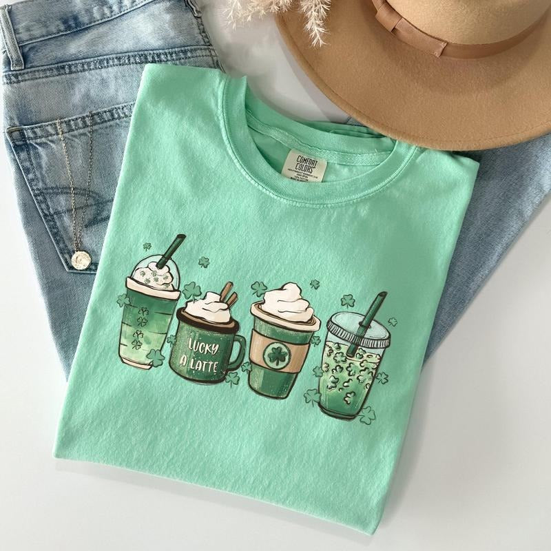 St Patrick's Day Coffee Drinks St Patrick's Day Comfort Colors Tshirt, Women's Crew Neck, Crewneck