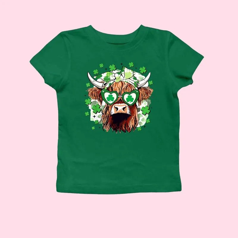St Patrick's Day Highland Cow Baby Tee, Retro St Patrick's, St Patrick's Day Baby Tee, Clover, Shamrock Baby Tee, Y2K 2000's Style