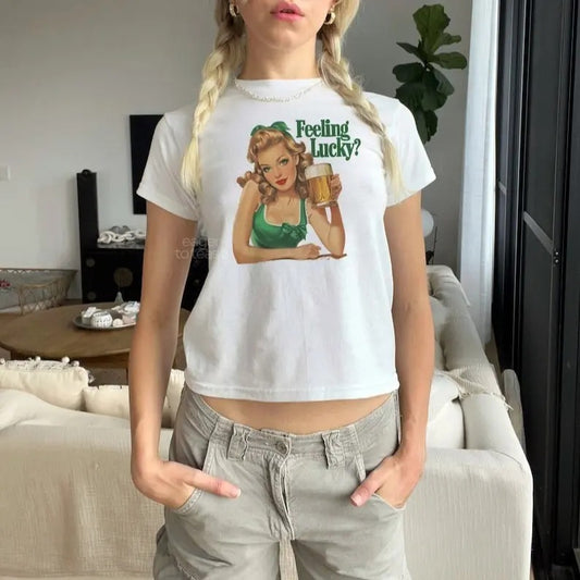 St Patty's Day Baby Tee Feeling Lucky Trendy Retro Baby Tee St Paddys Day y2k Baby Tee Cotton Fit