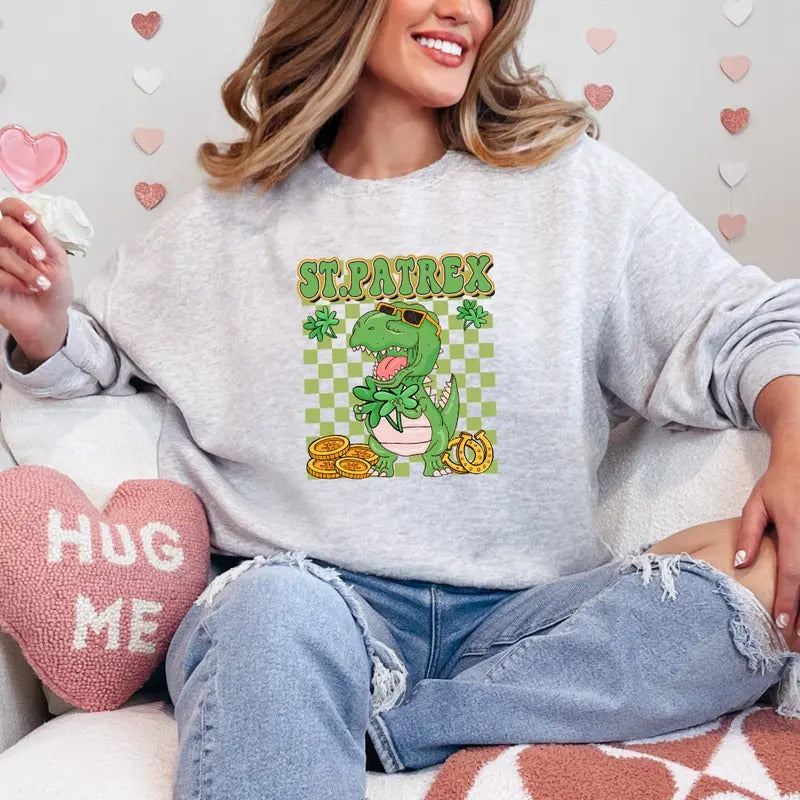 St. Patrex Dinosaur Printed Sweatshirt, Dinosaur Sweatshirt, St. Patrex Dinosaur Sweater, Printed Comfort Colors T-Shirt, Full Color Print