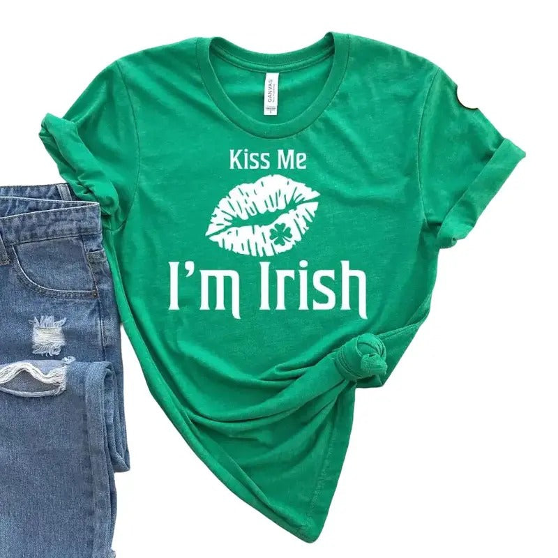 St. Patrick's Day Shirt, Kiss Me I'm Irish Shirt, St.Patrick's Day Tshirt, St Patricks Clover Leaf Shirt, St Patrick's Kiss Shirt, Gifts Ideas For St Patrick's Day, Unisex Short Sleeve Tee T-Shirt Classic Menswear