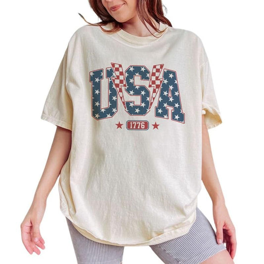 Star USA Graphic Shirt Vintage, 4th of July USA Tee, Est.1776, Lightning Bolt American Shirt, Patriotic USA Tshirt, Independence Day USA Tshirt, Retro USA Shirt, Graphic Women Tops, Comfy Fabric Oversized Graphic Tee, Cotton Fabric Relaxed Fit Chic Style