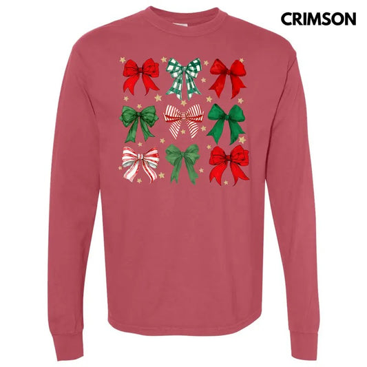 Starry Christmas Bow Collage Long Sleeve Comfort Colors T-Shirt 'NLB'