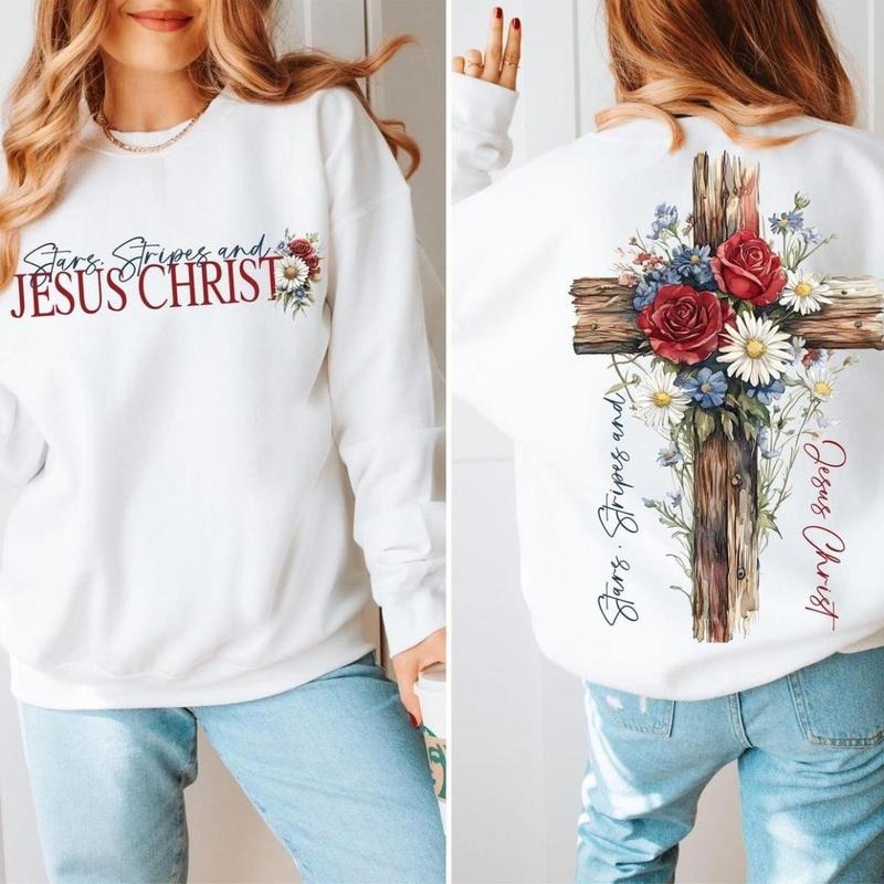 Stars and Stripes and Jesus Christ 2 Sided Shirt, 4th of July Christian Religious Faith Tee, Full Color Selection, Full Size