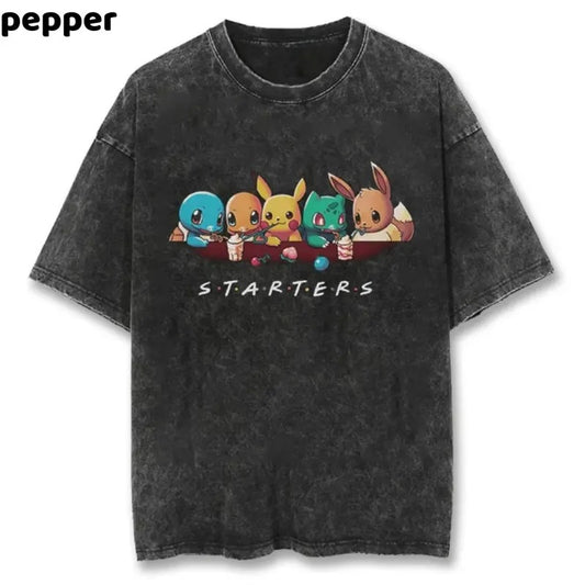 Starter Friends Vintage Tee , Starter Friends Shirt Anime, Pokemon Shirt, Pokemon Merch, Manga Shirt, Pokemon for fan, Gift for him, Gift for her Menswear Top Streetwear Underwear Tshirt Tropical Biker T-Shirt Shortsleeve Operator Baggy