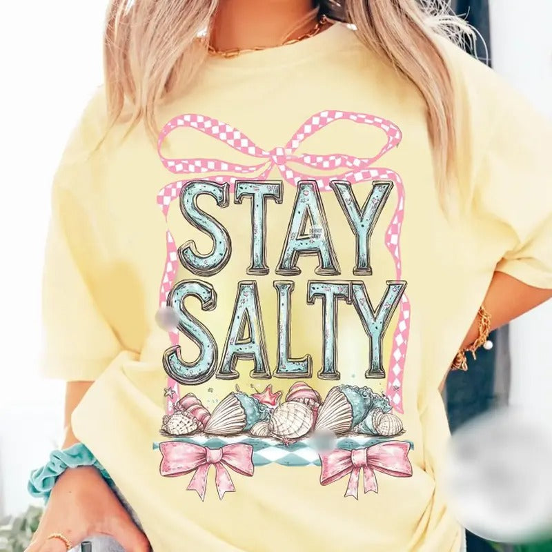 Stay Salty Seashells Coquette Bow Yellow Shirt, Summer Vibes Tee, Retro Summer Beach Shirt, Gift for Her