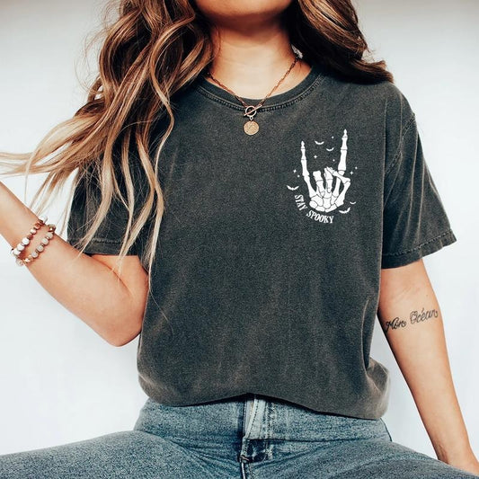 Stay Spooky Comfort Colors T-shirt, Halloween Shirt, Spooky Season Tee, Womens Halloween, Skeleton Hand, Fall Shirt Cotton Fabric