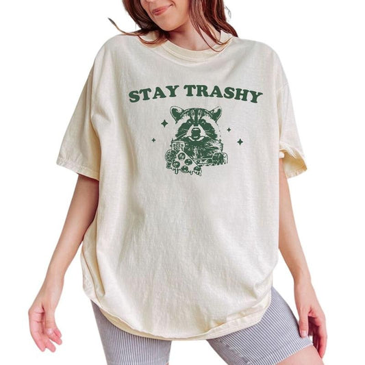 Stay Trashy Tee, Trash Panda Graphic Tee Women, Raccoon Printed Women Tops, Unisex Vintage Shirt, Meme T-shirt, Comfy Oversized Graphic Tee, Gift For Animals Lover, Tops For Women, Womenswear Cotton Fabric Comfort Chic Style