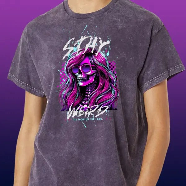 Stay Weird, Life is Better That Way Purple Mineral Wash T Shirt | Punk, Alt, Grunge, Goth, Skeleton Style, Streetwear