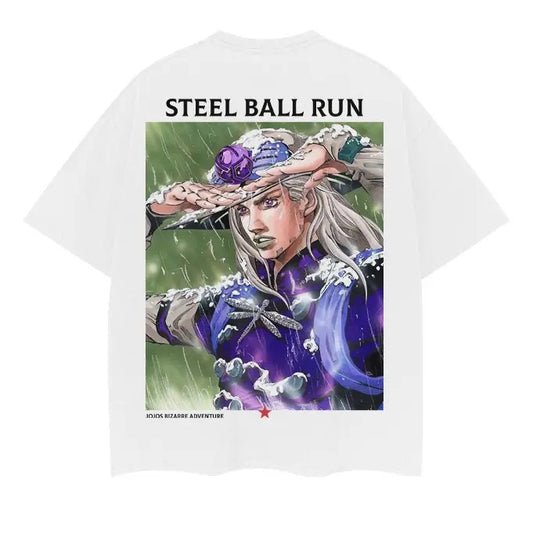 Steel Ball Run "Gyro Zeppeli" Heavyweight Vintage Tee 100% Cotton OVERSIZED Anime T-shirt Menswear Top Casual Streetwear White Crewneck Tshirt Tropical