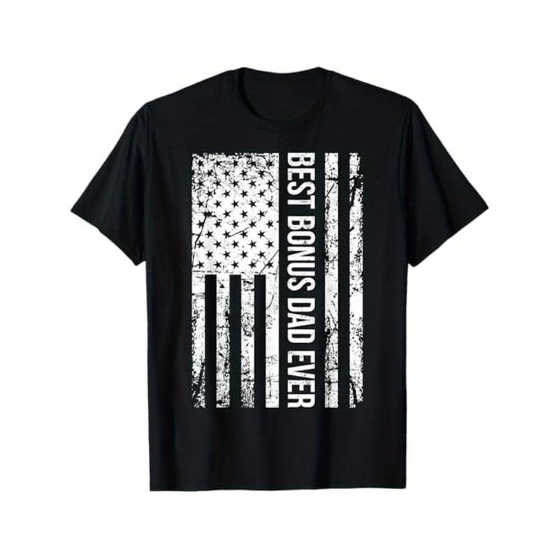 Step Dad: Best Bonus Dad Ever For Stepdad American Flag T-Shirt, 100% Cotton, Halloween Thanksgiving Christmas Gift for Men Women Family Friends, S-XXXL, Black made in usa