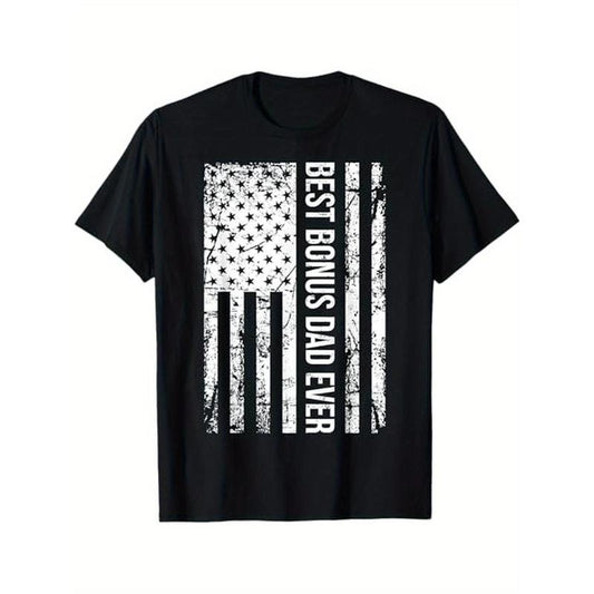 Step Dad: Best Bonus Dad Ever For Stepdad American Flag T-Shirt, 100% Cotton, Halloween Thanksgiving Christmas Gift for Men Women Family Friends, S-XXXL, Black made in usa