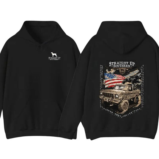 Straight Up Southern Hoodie Sweatshirt T shirt - Rugged Off-Road Truck Design with American Flag, country boy clothing, Ideal for Proud Southern Patriots and Off-Roading Enthusiasts, Unisex Hoodie for Classic Southern Style Menswear Sweaters