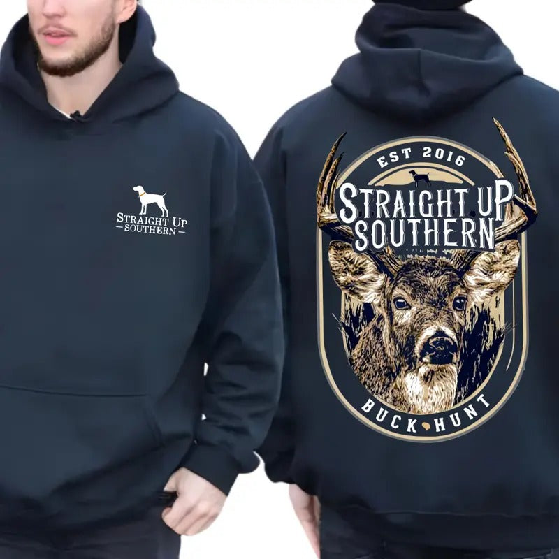 Straight Up Southern T-shirt Sweatshirt Hoodie - Classic and Rugged Design Featuring a Majestic Buck with Iconic Branding, Perfect for Outdoor Enthusiasts and Hunting Lovers