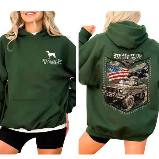 Straight Up Southern T-shirt Sweatshirt Hoodie - Rugged Off-Road Truck Design with American Flag, country boy clothing, Proud Southern Patriots and Off-Roading Enthusiasts