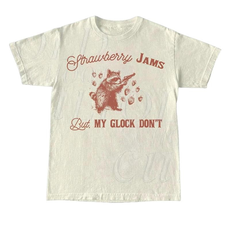 Strawberry Jams But My Glock Do Not Vintage T Shirt, Retro 90s Raccoon Shirt, Oversized Trash Panda Tee, Funny Unisex Adult Cowboy T Shirt