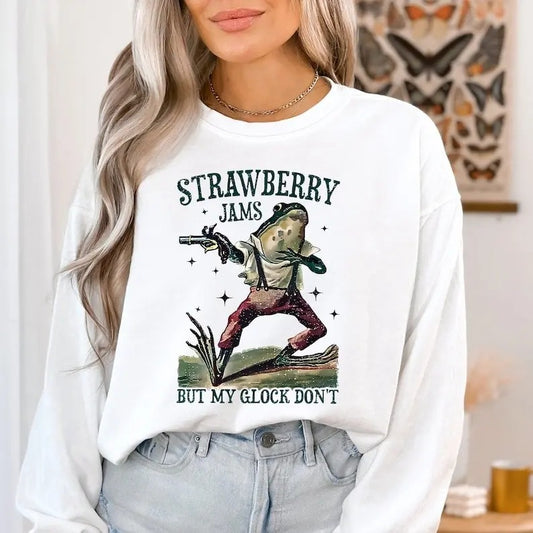 Strawberry Jams But My Glock Don't Shirt, Western Frog Graphic Tee, Gun Tee, Strawberry Jam Sweatshirt, Western Sweatshirt, Vintage Pulloverstyle{n002}2
