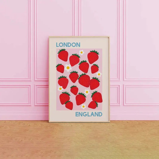 Strawberry London England Print, Red And Pink Kitchen Art Print, Cute Wall Art, Gifts For Women Wall Art, Poster Prints No Frame, Wall Art Home Decor, Vintage Poster Art, Gifts For Birthday Christmas Xmas Landscape Photo