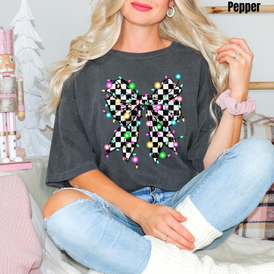 String Lights Checker Bow Comfort Colors T-Shirt 'NLB'