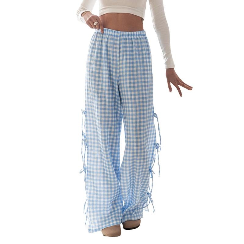 Women Wide-Leg Pants Plaid/Stripe Print Side Tie-Up Loose Trousers Spring Summer Casual Sweatpants Bottoms Womenswear Check Light Polyester