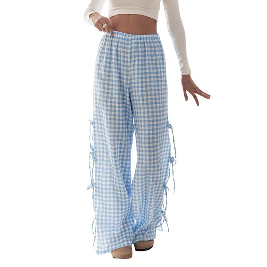 Women Wide-Leg Pants Plaid/Stripe Print Side Tie-Up Loose Trousers Spring Summer Casual Sweatpants Bottoms Womenswear Check Light Polyester