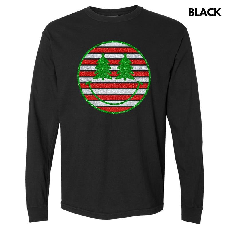 Striped Christmas FAKE Glitter Happy Face Long Sleeve Comfort Colors T-Shirt 'NLB'