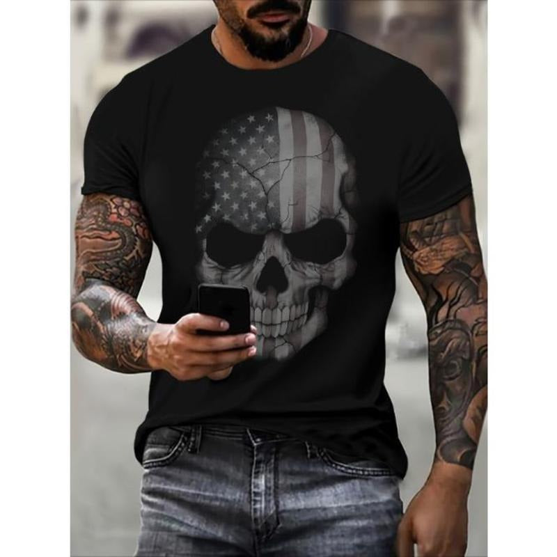 Stylish American Flag Skull Graphic T-Shirt - Vibrant 3D Print, Fashionable Crew Neck, Short Sleeve, Casual Daily Wear for Men - High-Quality Fabric, Breathable, Comfortable, Perfect for Outdoor Activities Made in USA