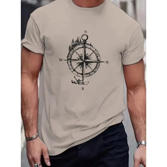 Stylish Compass Print Tee - Men's Casual Short Sleeve T-Shirts for Summer - Comfortable, Breathable, and Perfect for Outdoor ActivitiesMade in USA