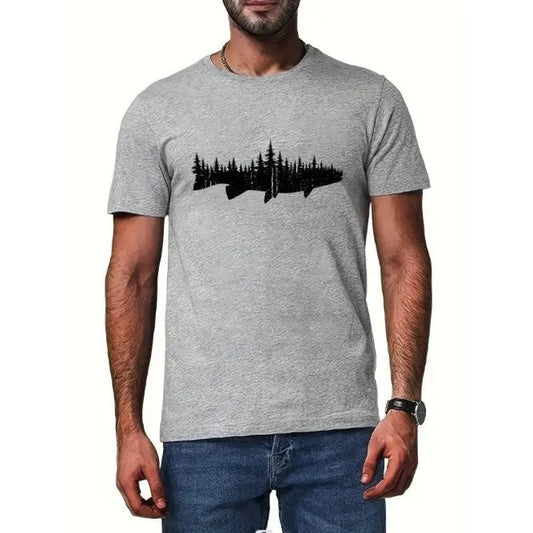 Stylish Fish & Forest Silhouette Tee - Soft & Comfortable - Perfect for Summer Adventures - Versatile Casual Men's Top - Gift Idea Made in USA