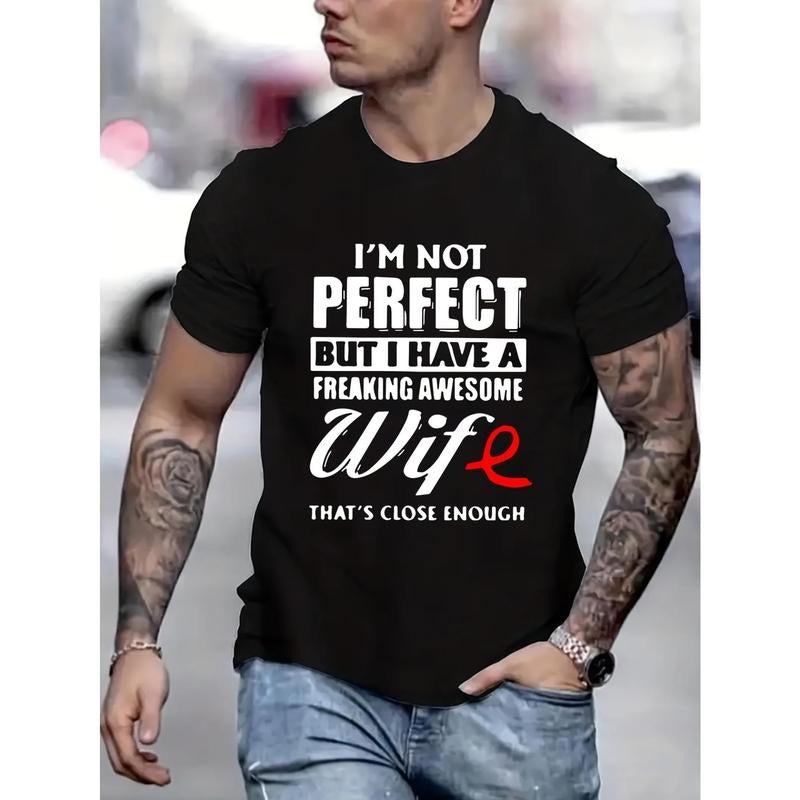Stylish Letter Print Casual T-Shirt for Men - Soft, Slightly Elastic, Round Neck, Comfortable Fit for Summer and Autumn - Perfect for Everyday Wear  made in usa