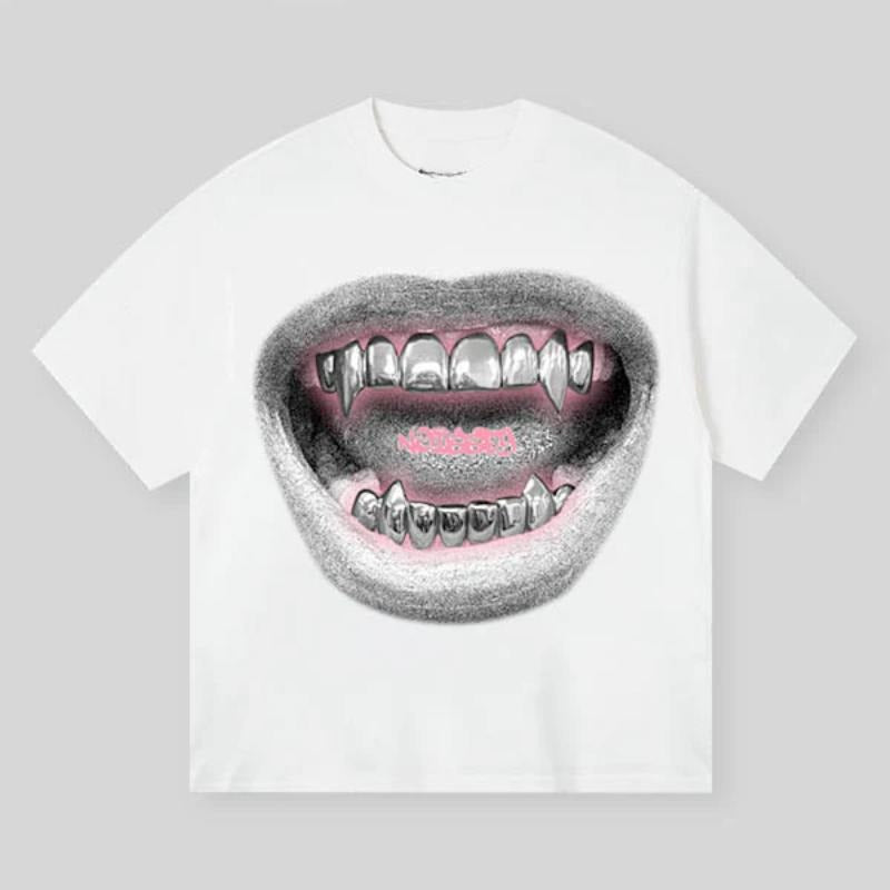 Stylish Sketch Printed Retro Metal Lips T-Shirt, Vintage Graphic Tee, Unisex Cotton Crewneck T-Shirt - Medium, Short Sleeve, Casual Streetwear Printed Tee Menswear Top