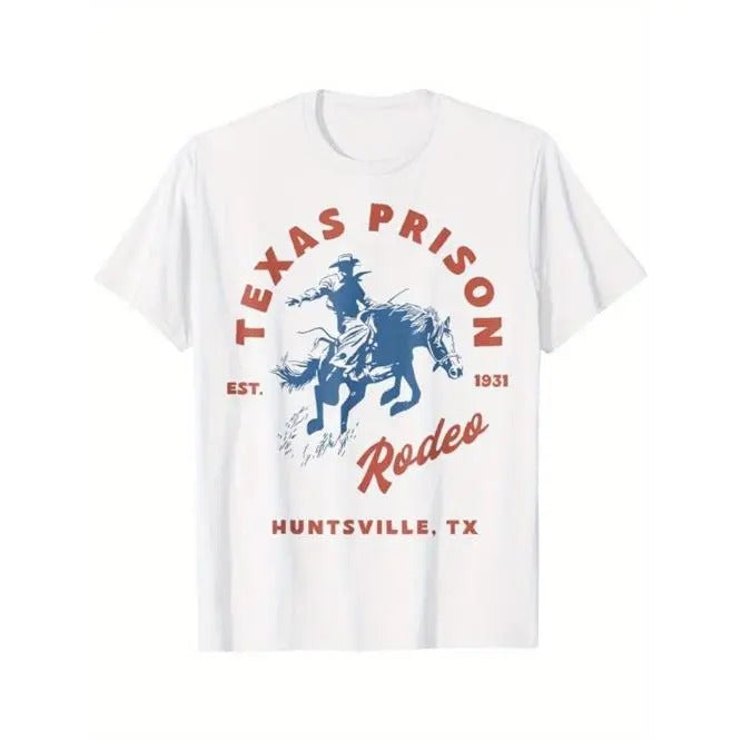 Stylish Western Cowboy Print Crew Neck T-shirt - Men's Cotton Casual Short Sleeve Top - Outdoor Clothing for Men with Comfortable Fit and Classic Design Made in USA