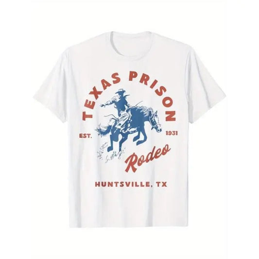 Stylish Western Cowboy Print Crew Neck T-shirt - Men's Cotton Casual Short Sleeve Top - Outdoor Clothing for Men with Comfortable Fit and Classic Design Made in USA