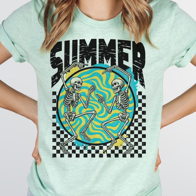 Summer Checkerboard Dancing Skeleton Graphic Tee Retro Grunge Summer Skull Tshirt Women's Casual Short Sleeve Top