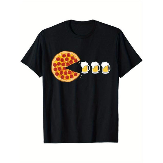 Summer Comfortable Casual Short Sleeve Pepperoni Pizza Chomping Draft Beer Funny Pizza T-Shirt Made in USA