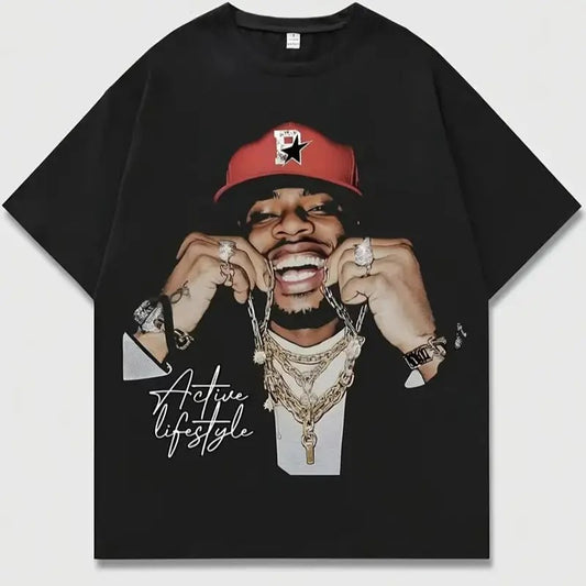 Street Life Men's Portrait & Snow Flake Print Short Sleeve T-Shirt, Suitable For Spring/Summer Daily Wear , Gift for FAN, Vintage Y2K, Menswear Top