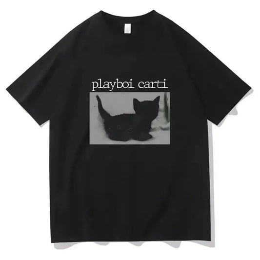 Summer Playboi Carti Oversized Hip-Hop T Shirts Cute Cat Harajuku Print Tee Regular Mens Tops Quality Rapper T Shirt Jogging Tee, vintage unisex