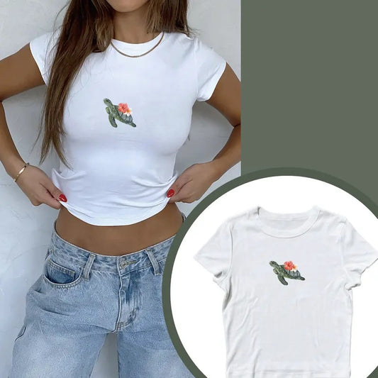 Summer Sea Turtle Baby Tee, Hibiscus Coquette Baby Tee, Vintage Graphic Top, Pinterest Aesthetic, 90s Tshirt, Y2K Shirt, Vintage Illustration Shirt