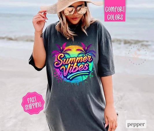 Summer Vibes Shirt Comfort Colors, Beach Shirt, Summer Shirt, Oversized Graphic Tshirt, Women's Tshirts, Swimsuit Cover, Shirt Dress