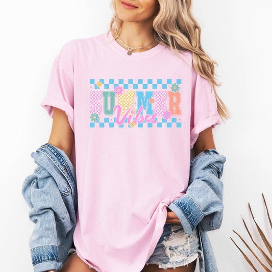 Summer Vibes, Checkered, Retro, Flowers, Floral, Comfort Colors T-Shirt, Women's Comfort Colors Tee