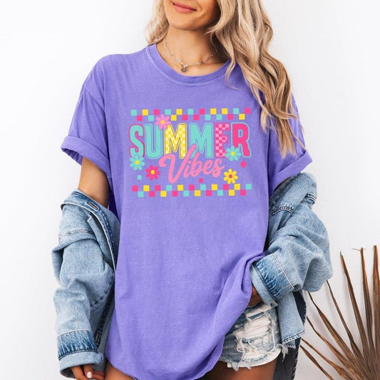 Summer Vibes, Checkered, Retro, Yellow, Flowers, Floral, Comfort Colors T-Shirt, Women's Comfort Colors Tee