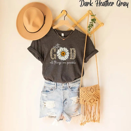 Sunflower Shirt with God All Things Are Possible Design, Religious Shirt for Women, Inspirational & Christian Wear, Summer Top, Comfortable Cotton