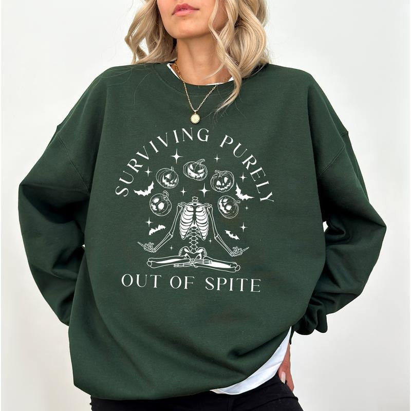 Surviving Purely Out Of Spite Yoga Skeleton Sweatshirt, Funny Skeleton Halloween Crewneck, Creepy Pumpkin Skeleton Sweater, Spooky Season Sweatshirt, Yoga Lover Gift, Comfy Long Sleeve Pullover, Women's Tops, Casual Womenswear, Comfort Fabric Cotton Top